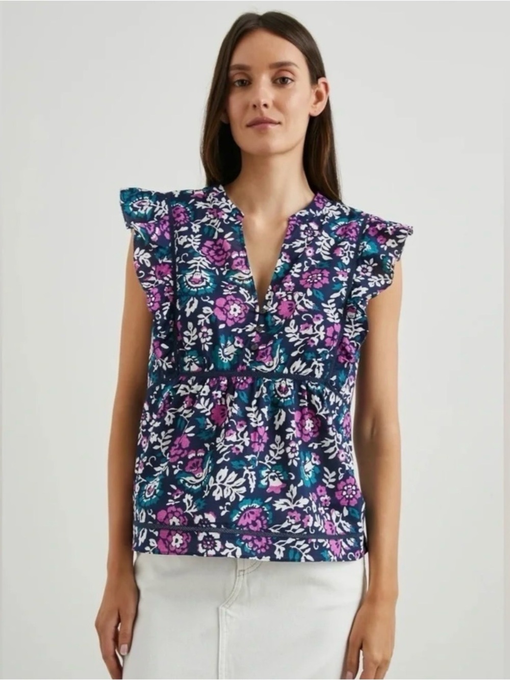 Rails Navy Floral Flutter Sleeve V-Neck Top